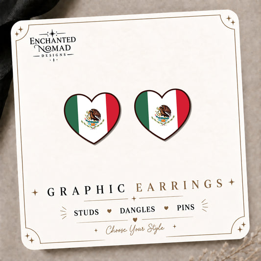 Mexico Flag Heart Stud Earrings on the tilted Enchanted Nomad Designs card