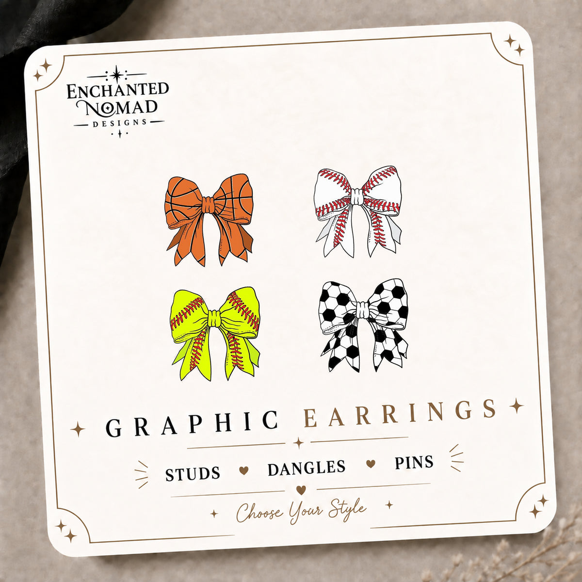 Mix & Match Sports Bow Stud Earrings on the tilted Enchanted Nomad Designs card
