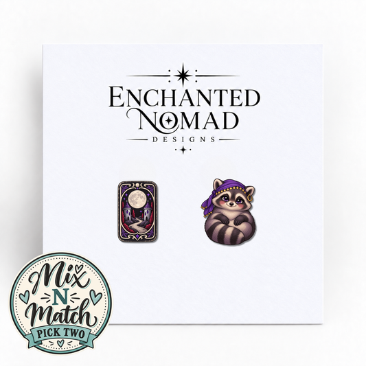 Moon Tarot and Fortune Teller Raccoon graphic earrings