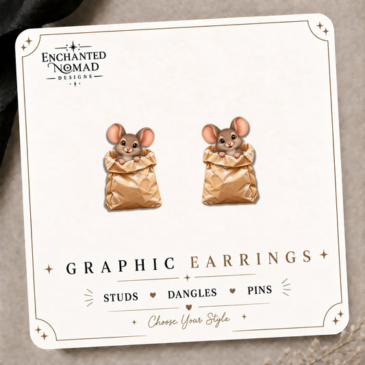 Mouse Flour Bag Stud Earrings on the tilted Enchanted Nomad Designs card