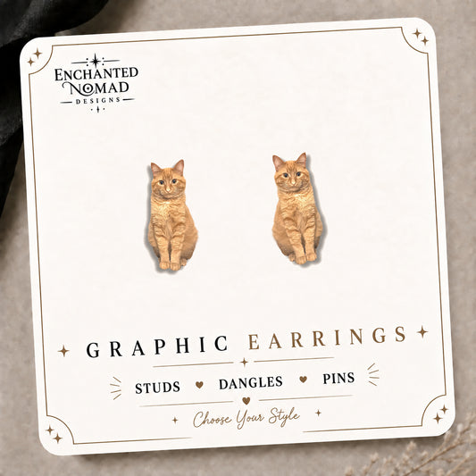 Orange Tabby Cat Stud Earrings on the tilted Enchanted Nomad Designs card