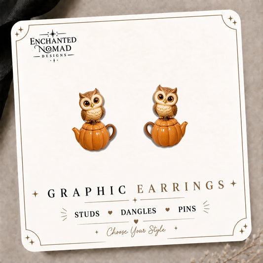 Owl Pumpkin Teapot Stud Earrings on the tilted Enchanted Nomad Designs card