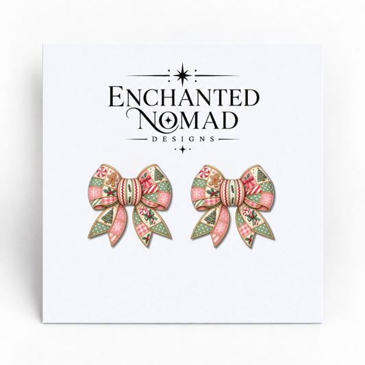 Pastel Gingerbread Christmas Bow graphic earrings