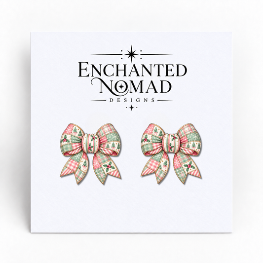 Pastel Plaid Christmas Tree Bow graphic earrings