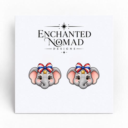 Patriotic Elephant graphic earrings on display card