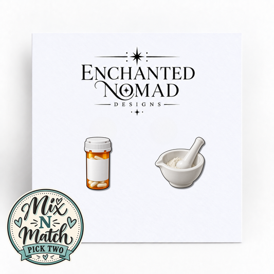 Pill Bottle and Mortar Pestle graphic earrings