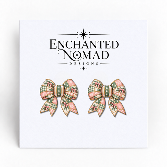 Pink and Sage Pinecone Christmas Bow graphic earrings