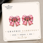 Pink Christmas bow graphic earrings featuring pink plaid, candy canes, festive ribbon, greenery and a gold bell on an Enchanted Nomad Designs display card.