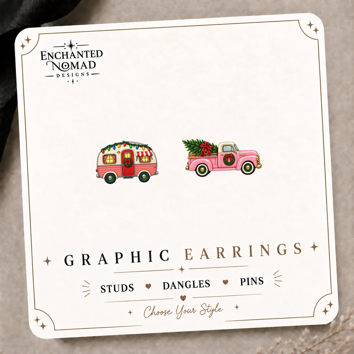 Pink Christmas Camper & Truck Stud Earrings on the tilted Enchanted Nomad Designs card