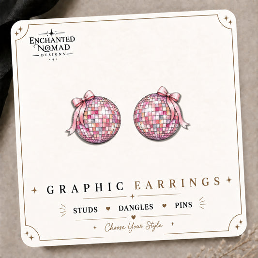 Pink Disco Ball and Bow Stud Earrings on the tilted Enchanted Nomad Designs card