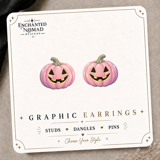 Pink Jack-o-Lantern Stud Earrings on the tilted Enchanted Nomad Designs card