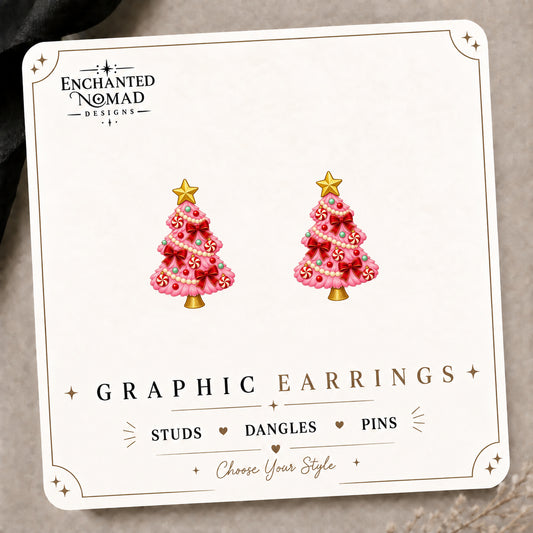 Pink Peppermint Christmas Tree Stud Earrings on the tilted Enchanted Nomad Designs card