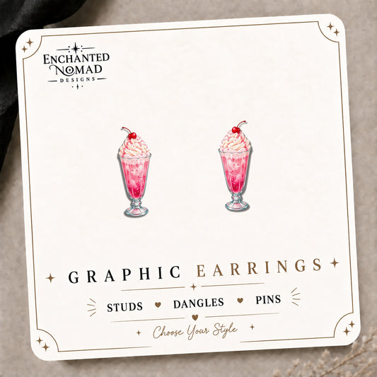 Pink Soda Float Stud Earrings & Charm on the tilted Enchanted Nomad Designs card