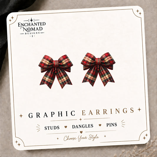 Plaid Christmas Bow Stud Earrings on the tilted Enchanted Nomad Designs card