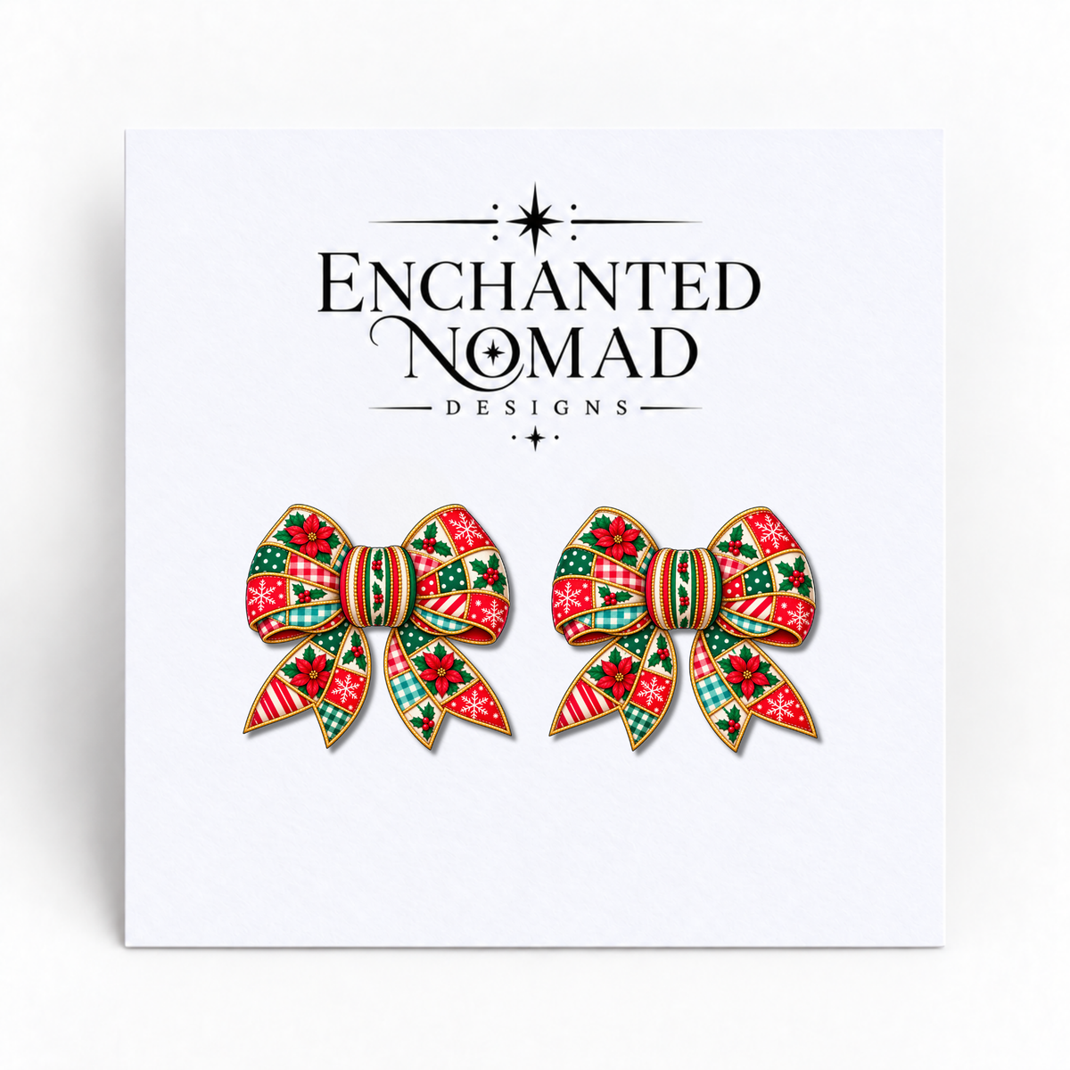 Poinsettia Patchwork Christmas Bow graphic earrings