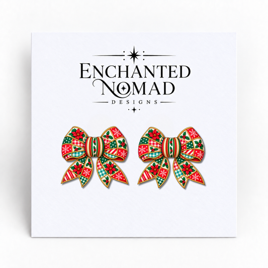 Poinsettia Patchwork Christmas Bow graphic earrings