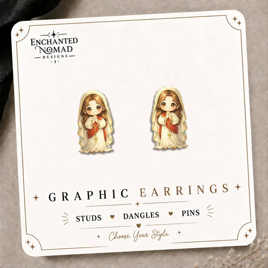 Praying Mary Stud Earrings on the tilted Enchanted Nomad Designs card