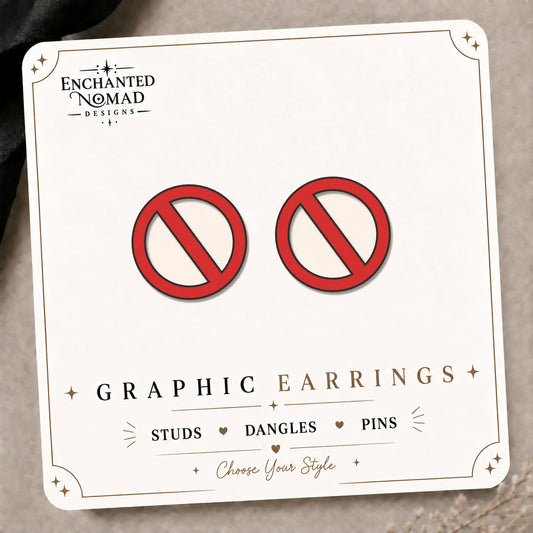 Prohibition Sign Stud Earrings on the tilted Enchanted Nomad Designs card