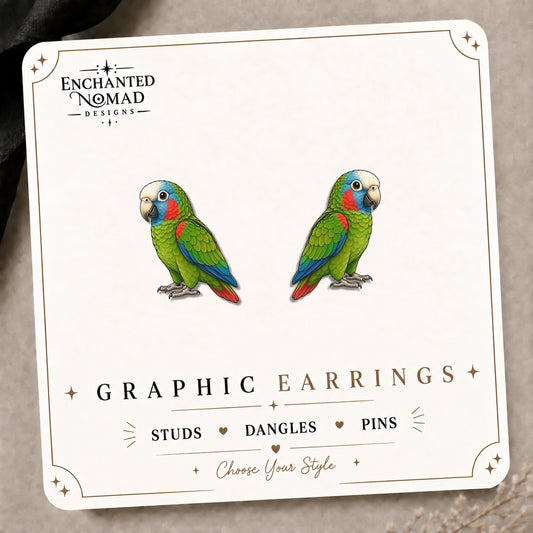 Puerto Rican Parrot Stud Earrings on the tilted Enchanted Nomad Designs card