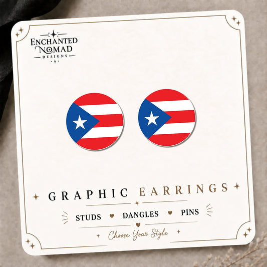 Puerto Rico Flag Earrings & Pins on the tilted Enchanted Nomad Designs card