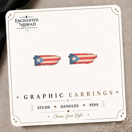 Puerto Rico Flag Map Earrings & Pins on the tilted Enchanted Nomad Designs card