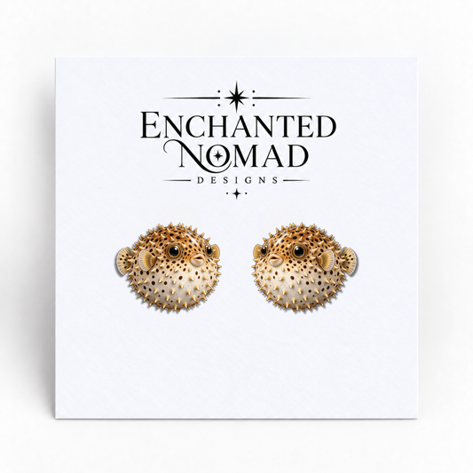 Pufferfish graphic earrings on display card