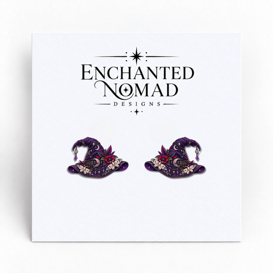 Purple Floral Witch Hat graphic earrings on display card