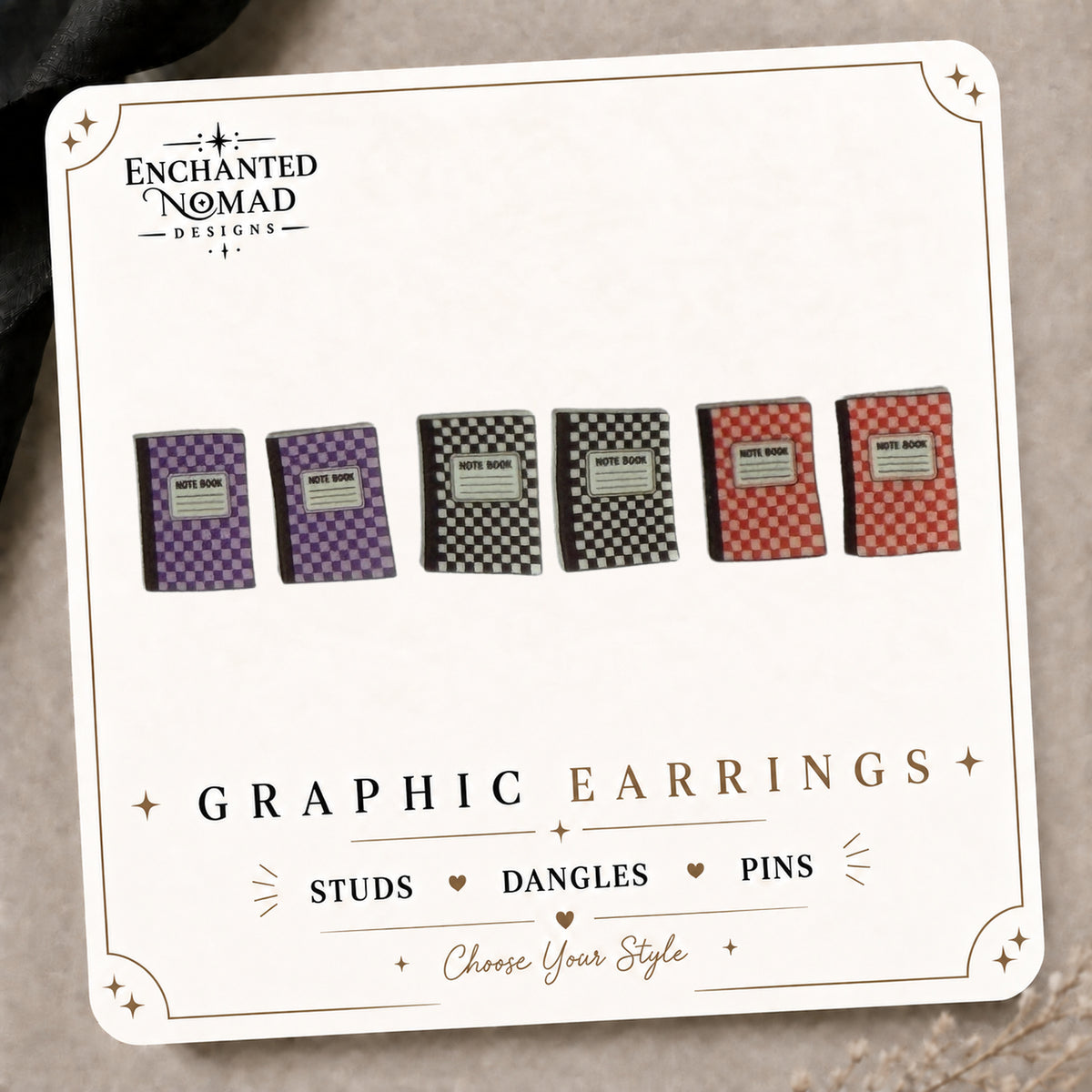 Purple & Orange Checkerboard Notebook Stud Earrings on the tilted Enchanted Nomad Designs card