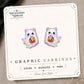Rainbow Ghost Cat Stud Earrings on the tilted Enchanted Nomad Designs card