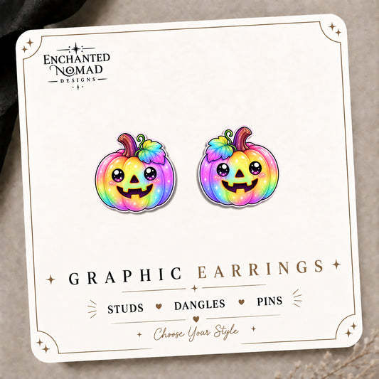 Rainbow Jack O Lantern Stud Earrings on the tilted Enchanted Nomad Designs card