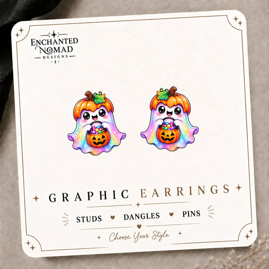 Rainbow Pumpkin Hat Ghost Stud Earrings on the tilted Enchanted Nomad Designs card