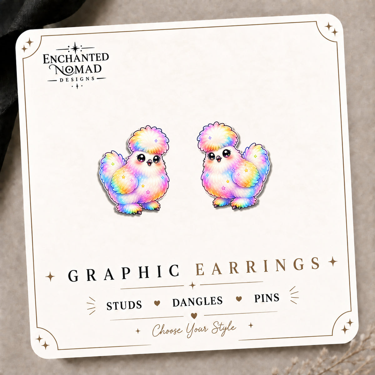 Rainbow Silkie Chicken Stud Earrings on the tilted Enchanted Nomad Designs card