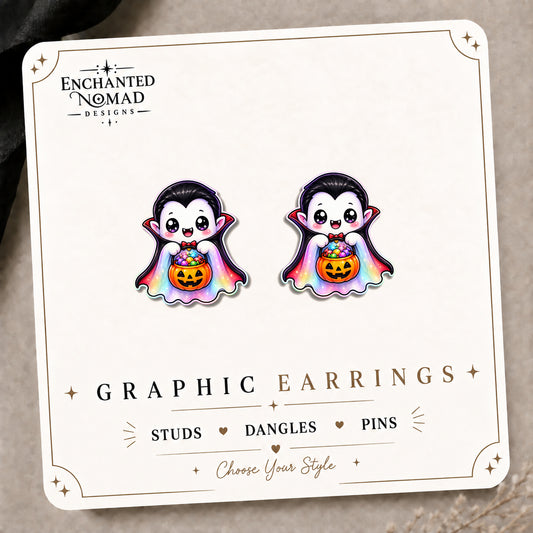 Rainbow Vampire Stud Earrings on the tilted Enchanted Nomad Designs card