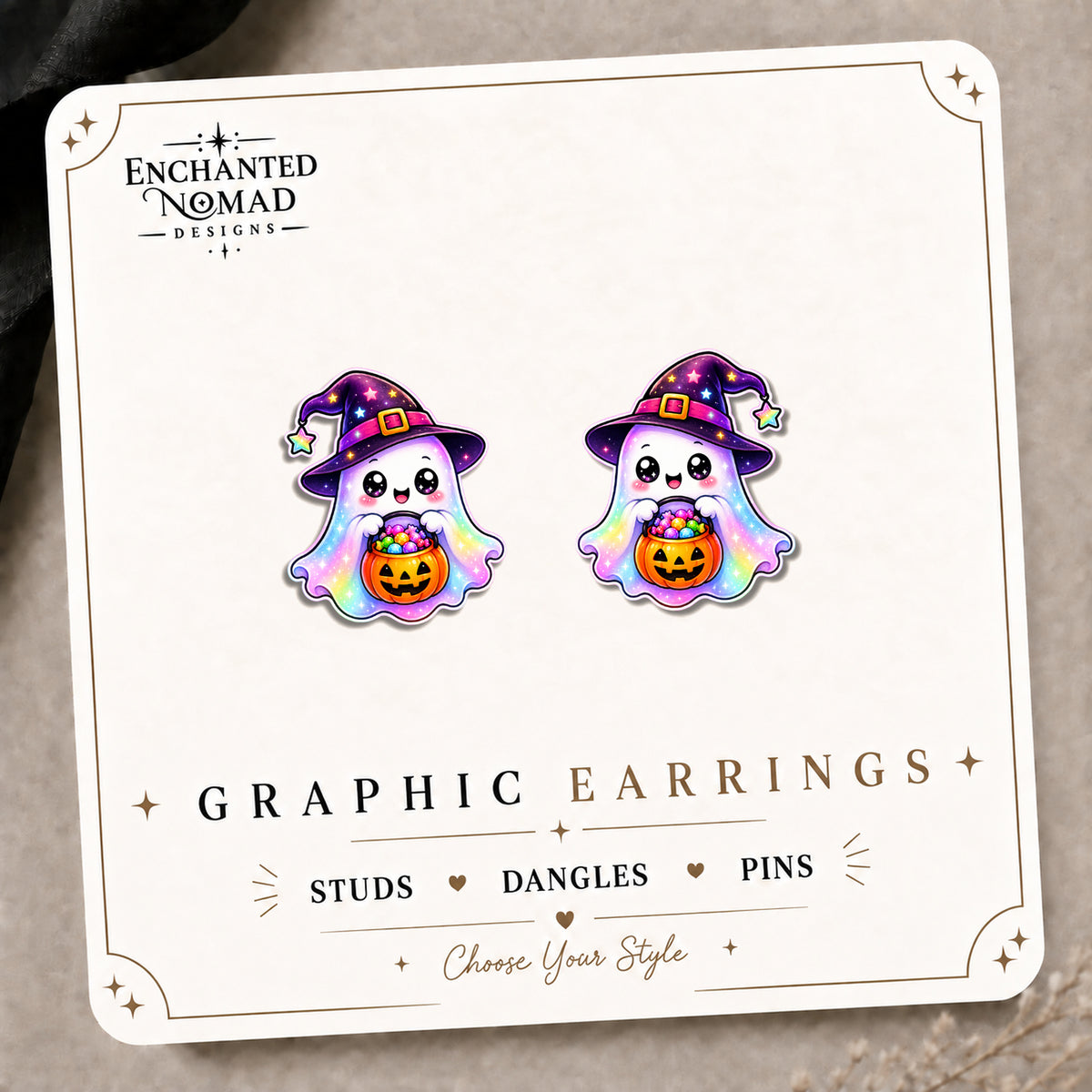 Rainbow Witch Hat Ghost Stud Earrings on the tilted Enchanted Nomad Designs card