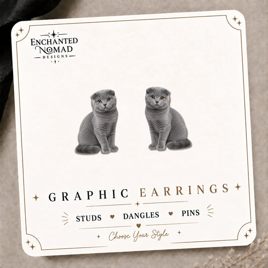 Scottish Fold Gray Cat Stud Earrings on the tilted Enchanted Nomad Designs card