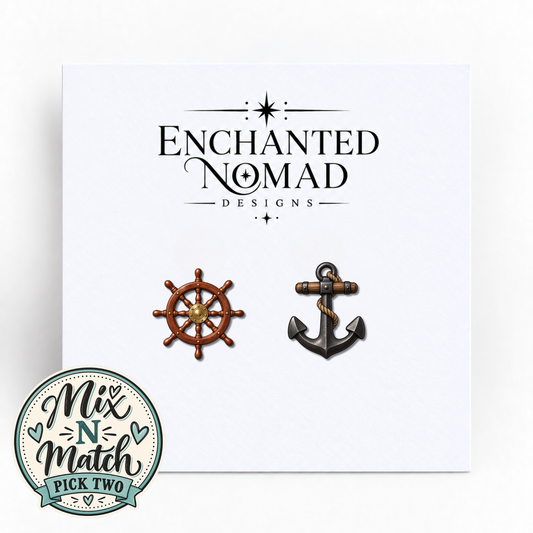 Ship Wheel and Anchor graphic earrings