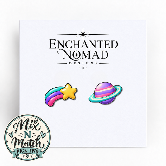 Shooting Star and Ringed Planet graphic earrings