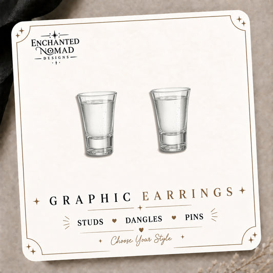 Shot Glass Stud Earrings on the tilted Enchanted Nomad Designs card