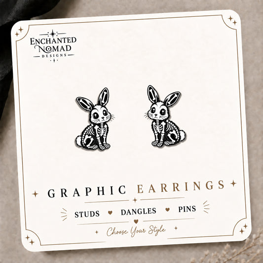Skeleton Bunny Stud Earrings on the tilted Enchanted Nomad Designs card
