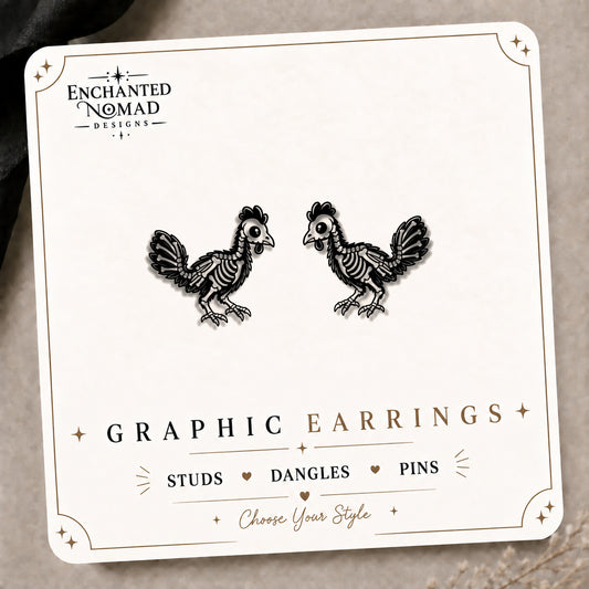 Skeleton Chicken Stud Earrings on the tilted Enchanted Nomad Designs card