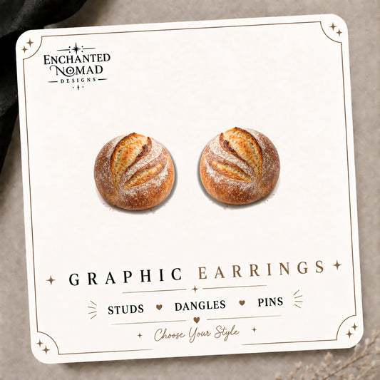 Sourdough Bread Graphic Stud Earrings on the tilted Enchanted Nomad Designs card