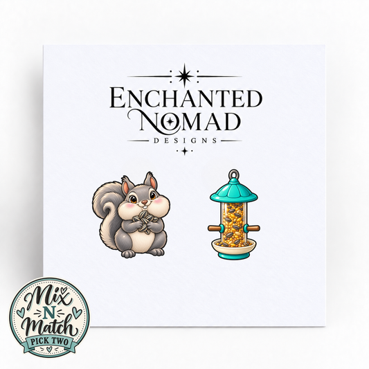 Squirrel and Bird Feeder graphic earrings on display card