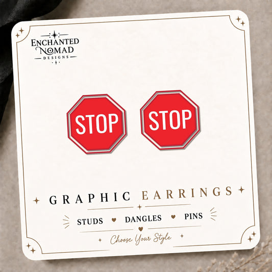 Stop Sign Stud Earrings on the tilted Enchanted Nomad Designs card