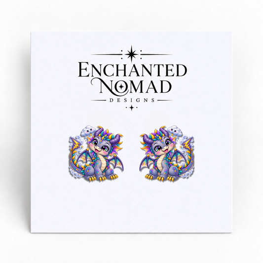 Storm Dragon graphic earrings on display card