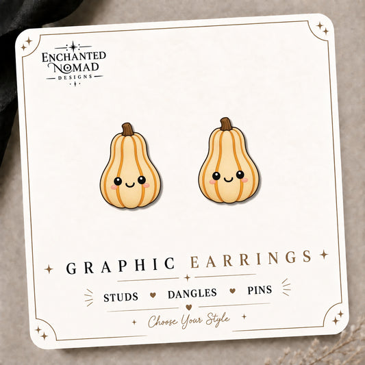 Striped Gourd Earrings & Pins on the tilted Enchanted Nomad Designs card