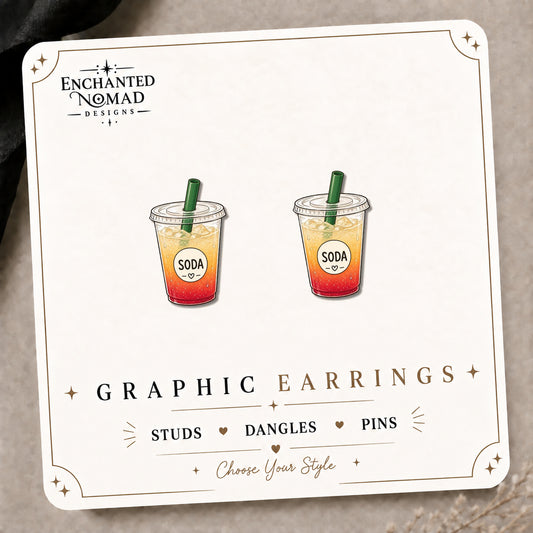 Sunrise Soda Drink Earrings & Pins on the tilted Enchanted Nomad Designs card