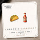 Taco & Hot Sauce Stud Earrings on the tilted Enchanted Nomad Designs card