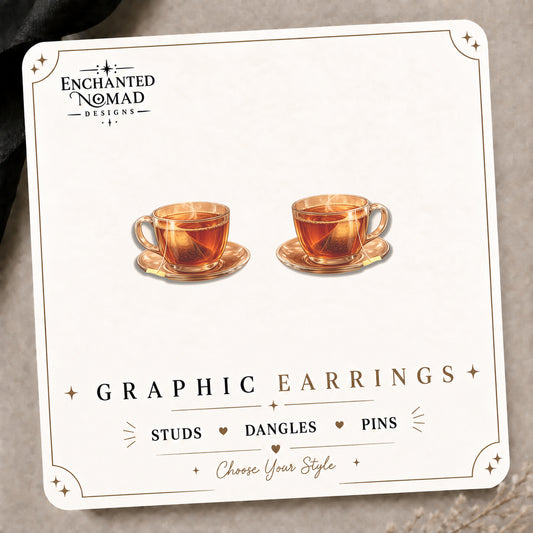 Tea Cup Stud Earrings on the tilted Enchanted Nomad Designs card