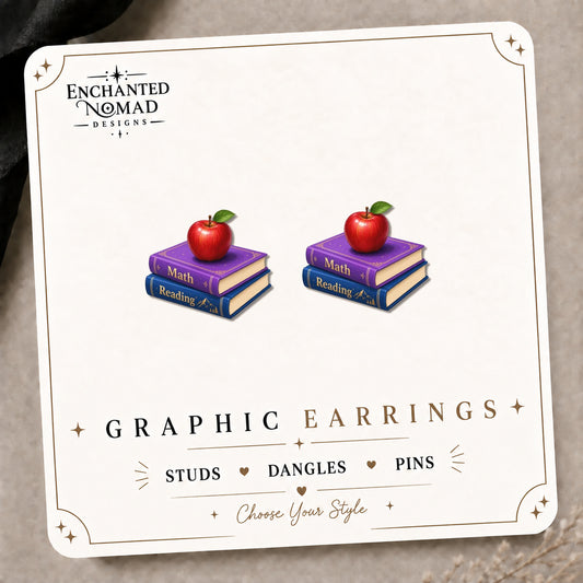 Teacher Book and Apple Stud Earrings on the tilted Enchanted Nomad Designs card