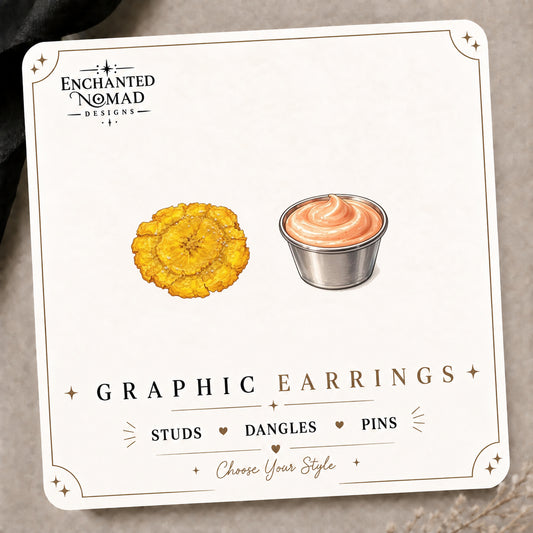 Tostones Stud Earrings on the tilted Enchanted Nomad Designs card